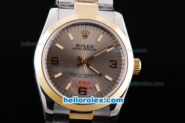 Rolex Air-King Oyster Perpetual Automatic Two Tone with Gold Bezel and Grey Dial - Click Image to Close